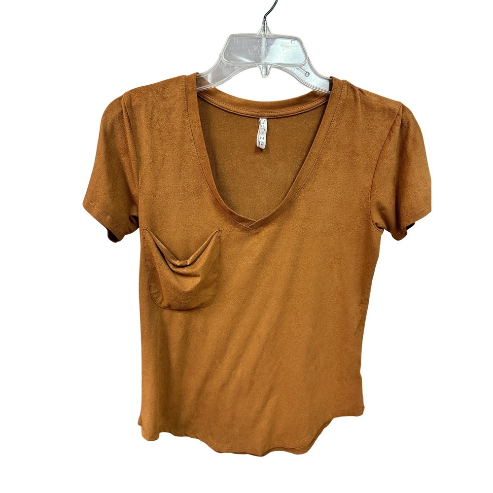X Supply Womens Brown Faux Suede V Neck Pocket‎ T Shirt Top XS